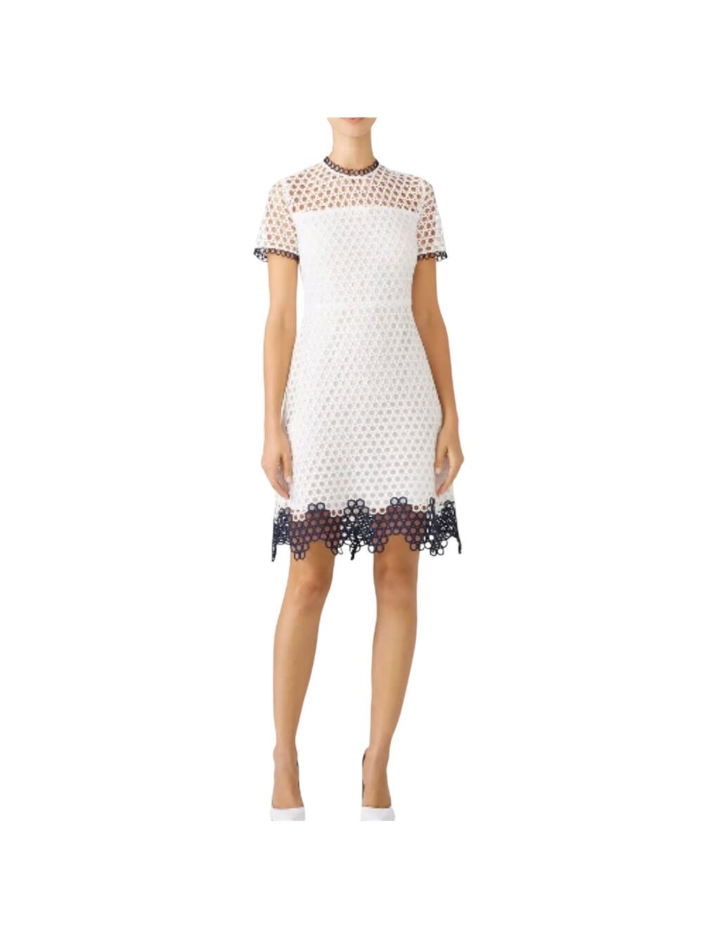 Shoshanna Carter Geo Lace White Navy Scalloped Mod Eyelet Sheath Dress Size 8